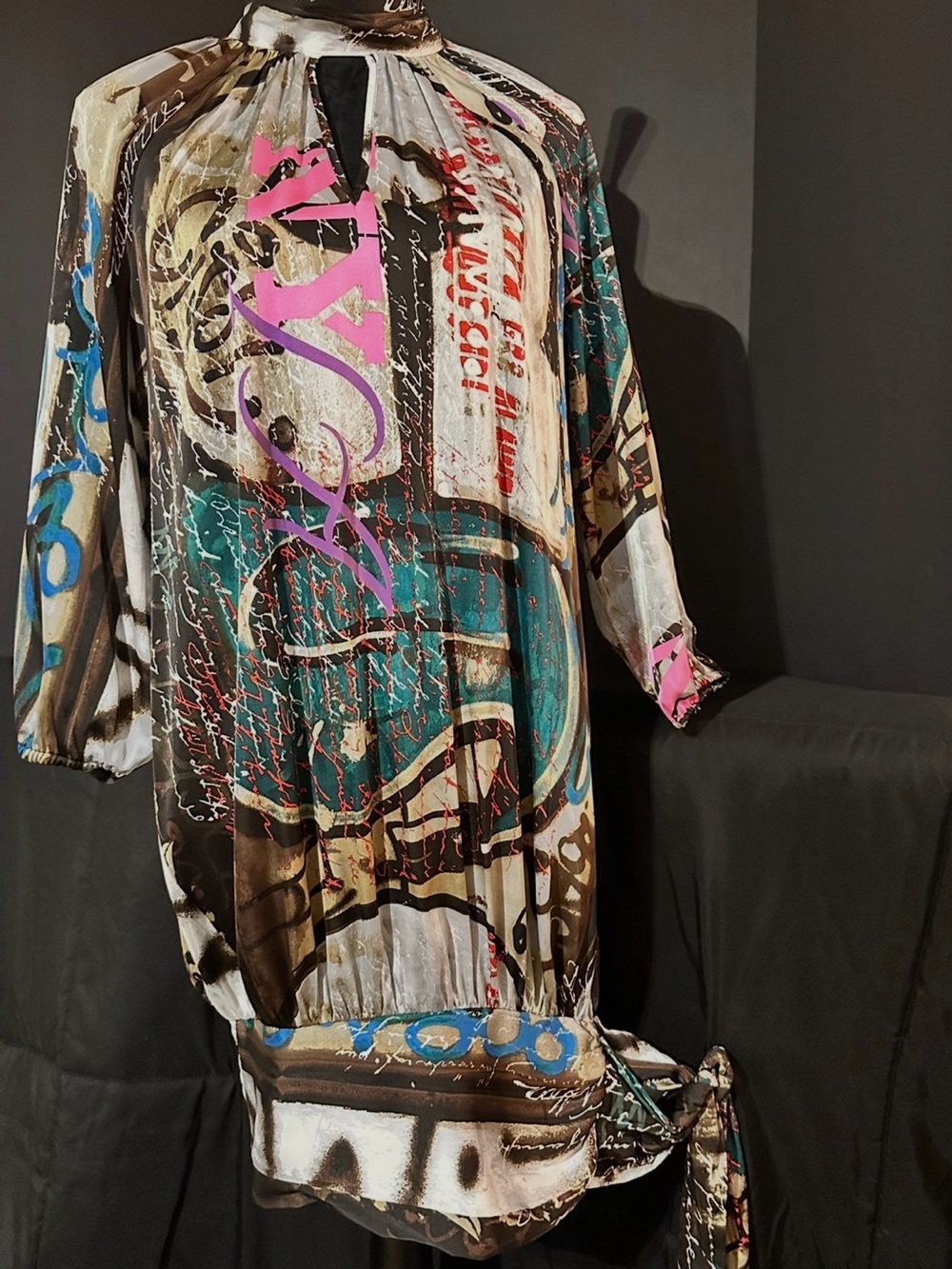 Abstract Print Long-Sleeve Tie-Hem Dress in Teal, Pink & Brown